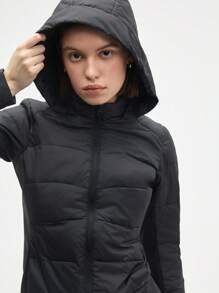 Gameset SHEIN Sport 女款黑色長袖前拉鍊連帽運動加厚外套，棉質健身夾克，適合秋季運動休閒穿搭 - 黑色 - 查看 6