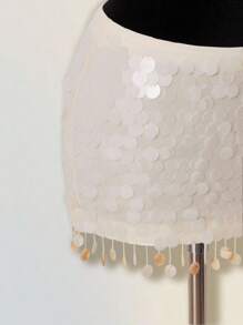 SHEIN ICON Bộ 2 món váy cưới hở vai đính sequin lấp lánh dự tiệc màu sâm panh thanh lịch và váy ngắn cạp thấp dành cho nữ - Màu be - Xem 8