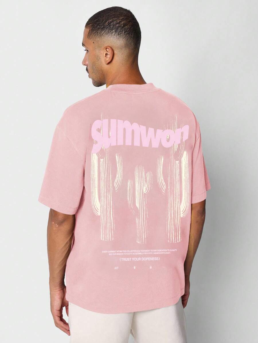 SUMWON Áo thun cổ tròn cotton in hình cây xương rồng cỡ lớn phong cách đường phố, thiết kế hiện đại, họa tiết hiện đại cho lễ hội, viền thô, thiết kế mùa hè - Hồng - Xem 1