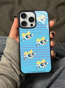 THE POWERPUFF GIRLS X SHEIN Funda de teléfono de moda con estampado de rayas y dibujos animados con ribete negro