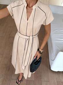 Siren Gaze 女士教师服装 - 女士机场服装 - 2025 年新款女士亚麻 V 领蝙蝠袖打结腰部休闲中长连衣裙，复古风格，适合秋夏季节，采用舒适棉质面料制成，适合工作、日常、通勤和外出 - 卡其色 - 查看 5