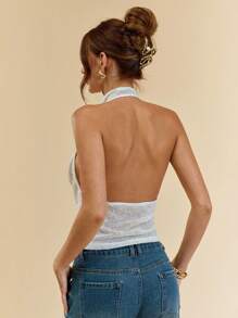 SHEIN BAE Women's Solid Color Plunging Neck Ring Connected Sexy Halter Top - White - View 2