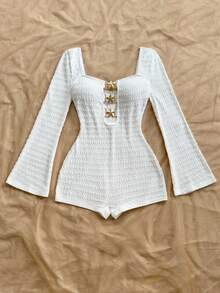 Soleia Women's Vacation White Knit Textured Camisole Jumpsuit With Front Hollow And Metal Starfish Decor, Fitted, For Party, Date, Afternoon Tea, Bohemian, Boho, Romantic Floral, Vacation, Floral White Playsuit Long Sleeve Playsuit - White - View 5