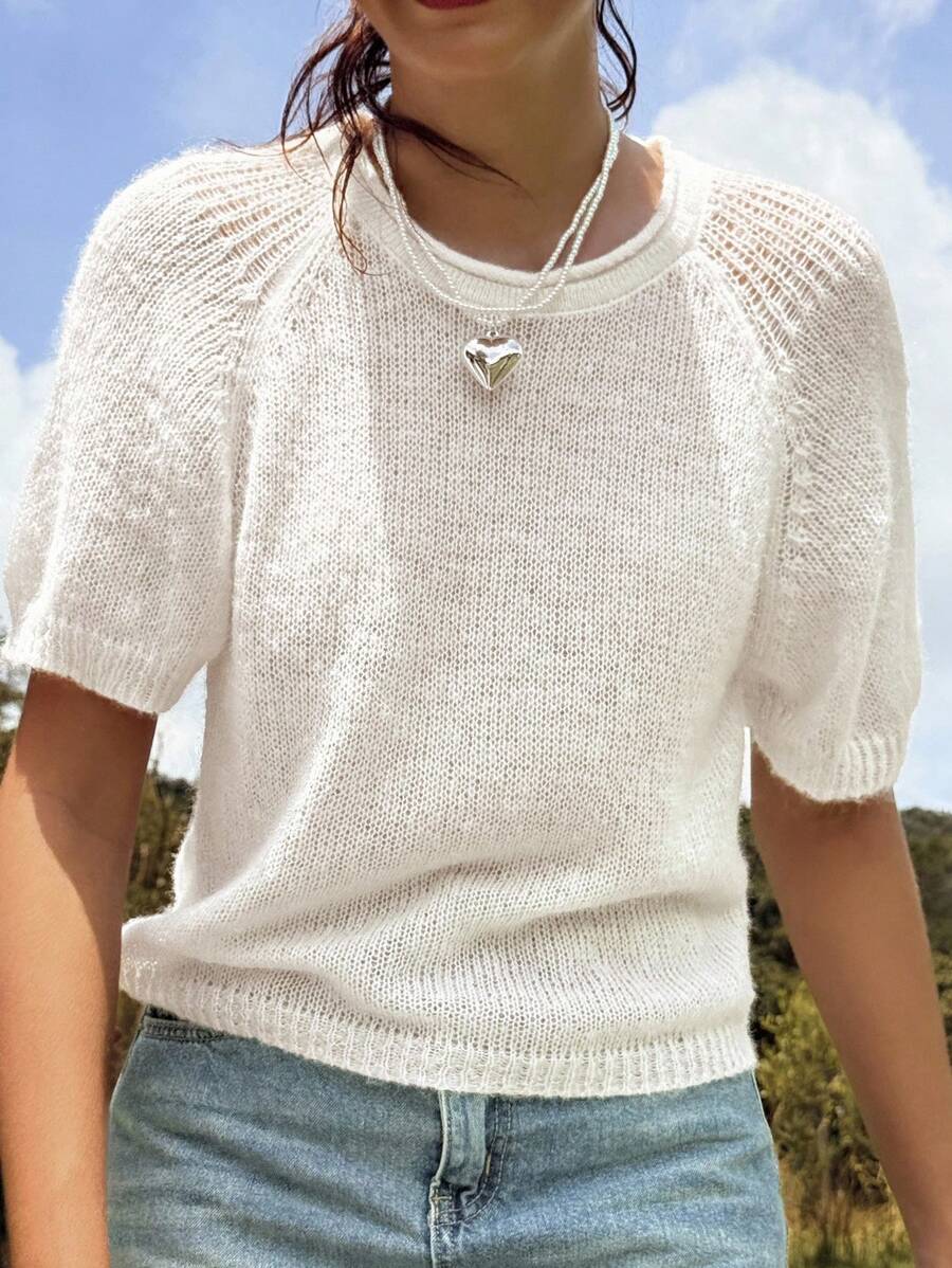 Jouncy 2025法国高端镂空短袖毛衣针织套头衫秋冬 - 白色 - 查看 1