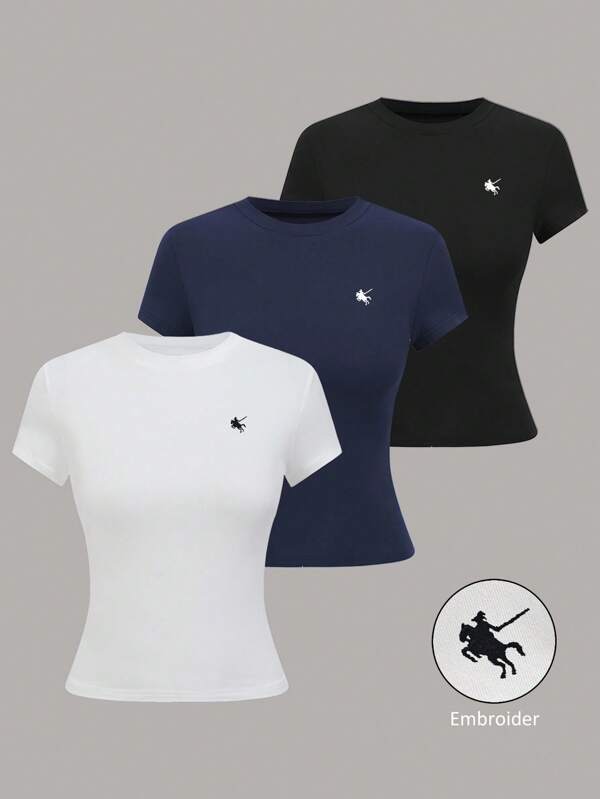 SHEIN 3 Stücke bestickte schlanke Damen T-Shirts, mehrfarbig