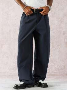 Manfinity Hypemode 男士纯色插袋褶皱宽松西装裤，秋季 - 藏蓝色 - 查看 5