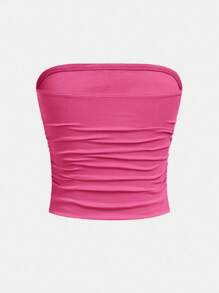 SHEIN Dozemod Teen Girl Simple & Comfy Ruched Hem Bandeau Bra - Hot Pink - View 2