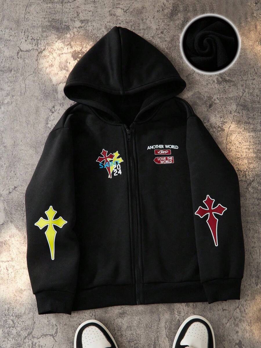 SHEIN 男童休闲复古街头潮流羊毛连帽运动衫 - 黑色 - 查看 1