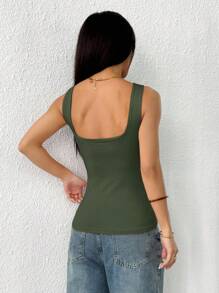 Flirla Áo ba lỗ không tay màu trơn đơn giản dành cho nữ mặc hàng ngày, mùa hè - xanh quân đội - Xem 2