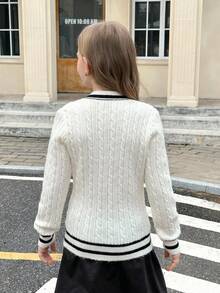 SHEIN Serisse Kids 青少年女孩优雅纹理 V 领长袖修身毛衣，适合日常、周末、休闲外出、返校穿着 - 白色 - 查看 6