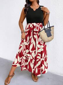 EMERY ROSE Plus Size Women's Spring/Summer Asymmetric Hem Leaf Print Knit Tank Dress (Mid-Length), Extra Long Beach Vacation Wear - Red - View 1