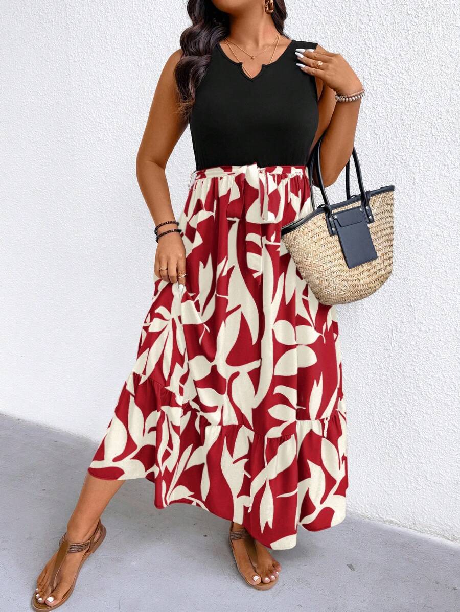 EMERY ROSE Plus Size Women's Spring/Summer Asymmetric Hem Leaf Print Knit Tank Dress (Mid-Length), Extra Long Beach Vacation Wear - Red - View 1