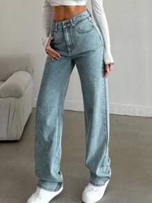 SHEIN Tall Snow Wash Straight Leg Jeans High Rise For Tall - Dusty Blue - View 7