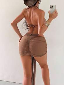 Swim SXY 3pcs Women Solid Color Bikini Set With High-End Metal Sun Decoration, Tie-String And Ruched Mini Skirt, Sexy Beach Vacation Style For Summer - Khaki - View 4