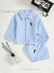 男婴绅士风格蓝白格子领开衫衬衫配长裤套装，休闲装男婴格子套装返校时尚 - 藍白色 - 查看 3