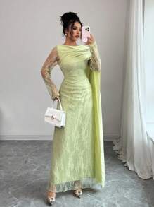 Elenzga 新款 3D 剪裁法式优雅风格连衣裙，适合生日派对、宴会、乡村蕾丝长袖露肩手工褶皱修身连衣裙，适合女士 - 綠色 - 查看 6