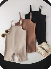 SHEIN Conjunto de 3 piezas de ropa de verano para bebé niña, incluye un lindo y sencillo mameluco de unicolor con tirantes elásticos - Multicolor - Ver 4