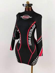 Amplova Đầm ôm sát cổ đứng in chữ khối màu - màu đen - Xem 4