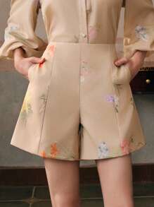 Anewsta Quần short ống rộng in họa tiết hoa mùa hè cho nữ - Màu Khaki - Xem 4