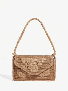 SHEIN SXY 女士，女式手提包，草编包，流苏，时尚，优雅，简约，个性化，多功能，适合海滩，度假，节日，夏季，海边，海滩派对 - 棕色 - 查看 2