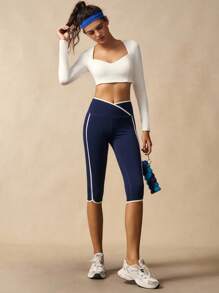 VARSIVA Workout Women Tops Women's Simple Solid Color Keyhole Neckline Cropped Tight Fit Long Sleeve Sporty T-Shirt Gym Top - White - View 7