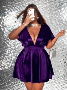 Viva Relle Plus Size Sexy Solid Color Short Party Dress, Romantic - Purple - View 3