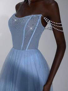 Elitara 奢华优雅的海蓝宝石网眼材质圆领水钻装饰紧身胸衣，配有可调节吊带，透视裙摆 A 字形正式晚礼服（大量装饰） - 藍色 - 查看 3