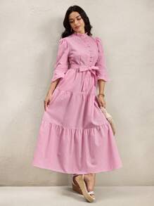 Wildy 秋冬新款美式乡村休闲粉色条纹收腰荷叶边领中长连衣裙 - 粉色 - 查看 4