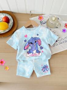 SHEIN 可爱卡通蓝兔和史迪奇图案，清新天蓝色扎染，女婴休闲简约圆领宽松短袖T恤和修身骑行短裤套装，适合春夏凉爽天气穿着，史迪奇主题女童服装，莉萝和史迪奇女童服装，女婴沙滩装，夏季母女两件套女婴夏季套装 - 彩色 - 查看 4