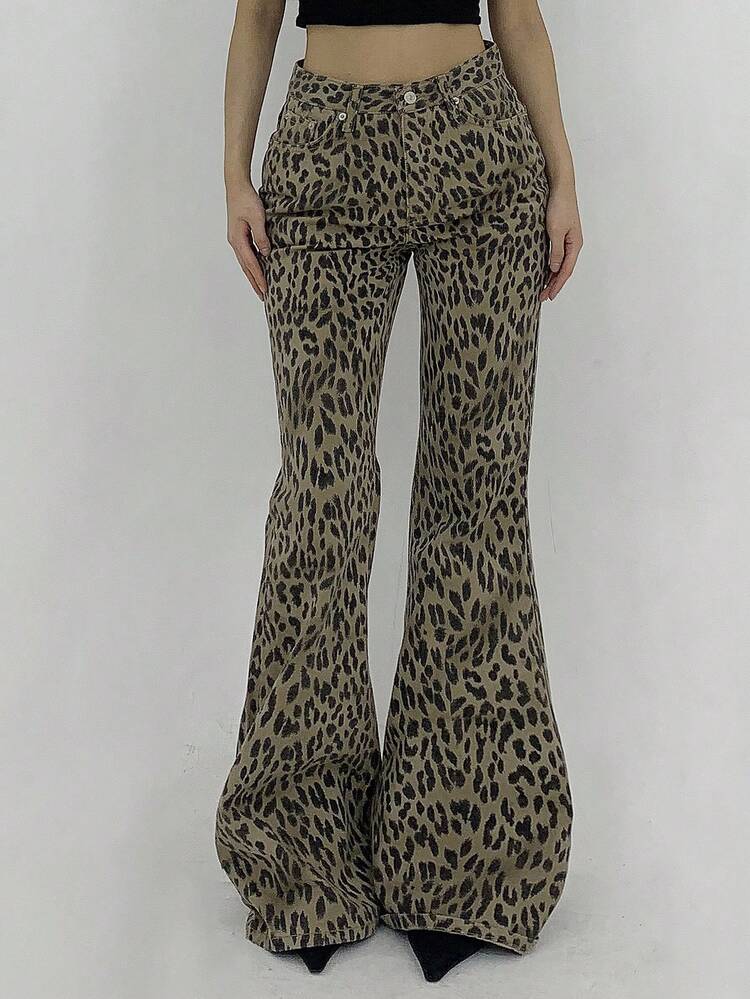 Women's Leopard Print Pocketed Flared Leg Stylish Street Pants