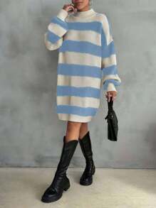 EURMUSE Women Drop Shoulder Sweater Dress With Striped Pattern,Petite - Baby Blue - View 2