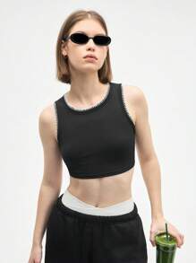 Gameset SHEIN Sport 女式圆领罗纹休闲健身运动背心 - 黑色 - 查看 5
