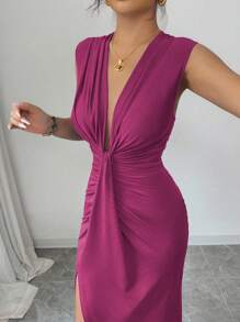 Islaluna Elegant Sleeveless Deep V-Neck With Draped Hem Slit Dress, For Women In Spring/Summer