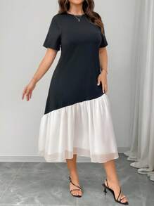 Elenzga 加大码圆领拼色荷叶边下摆短袖夏季长裙女装 - 黑與白 - 查看 6