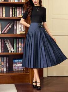 Vintamour 女士复古优雅褶皱休闲/工作/度假长裙假期返校教师商务休闲女士生日假期办公室学校西部装女士返校秋冬秋季教堂节日机场女牛仔生日 - 藍色 - 查看 6