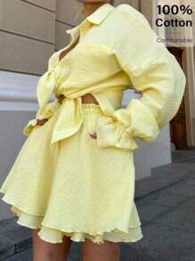 Siren Gaze Thời trang! Trang phục giáo viên dành cho nữ - Trang phục sân bay dành cho nữ 2025 Hàng mới về Áo sơ mi dài tay trễ vai màu trơn kèm quần short thường ngày 2 món dành cho nữ - Áo sơ mi vàng dành cho nữ, lý tưởng cho công việc, hàng ngày, đi làm, đi chơi - Phong cách quý tộc, phải có cho mùa thu và mùa hè - Màu vàng - Xem 1