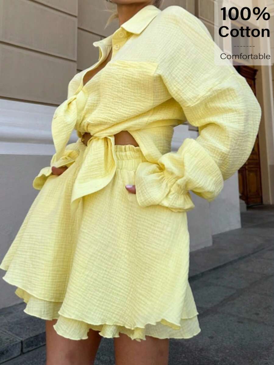 Siren Gaze Thời trang! Trang phục giáo viên dành cho nữ - Trang phục sân bay dành cho nữ 2025 Hàng mới về Áo sơ mi dài tay trễ vai màu trơn kèm quần short thường ngày 2 món dành cho nữ - Áo sơ mi vàng dành cho nữ, lý tưởng cho công việc, hàng ngày, đi làm, đi chơi - Phong cách quý tộc, phải có cho mùa thu và mùa hè - Màu vàng - Xem 1