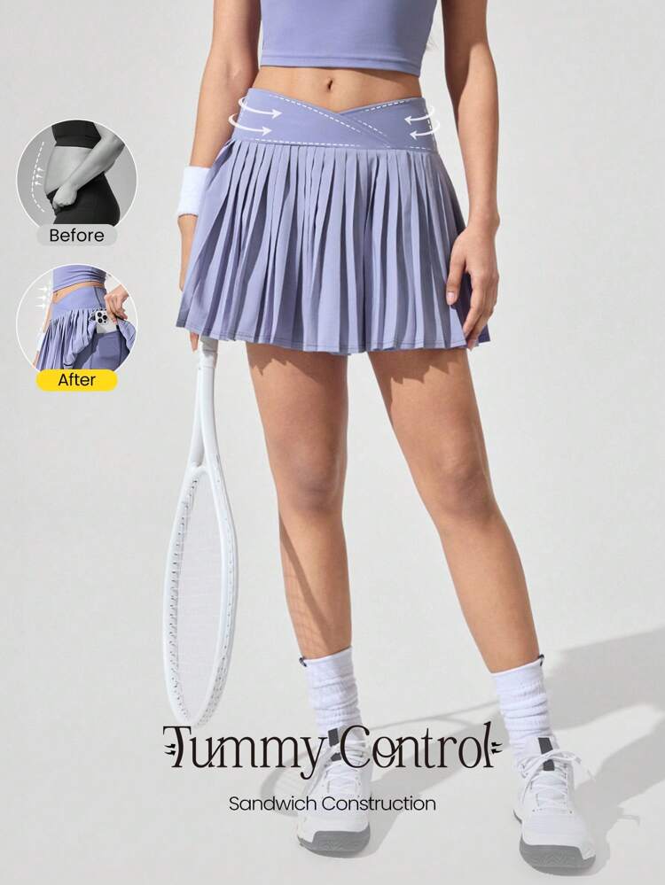 Let's Play Sweat-Wicking Stretchy Mid-Rise Crossover Waist Pleated Tennis Skirt With Built-In Shorts Side Pockets Tennis Golf Daily