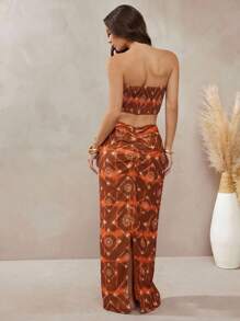 Boho Tile Print Ruched Summer Skirt With Wood O-Ring Ornament Detail - Brown - View 4