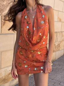 Aloruh 女士橙色亮片刺绣低胸迷你连衣裙