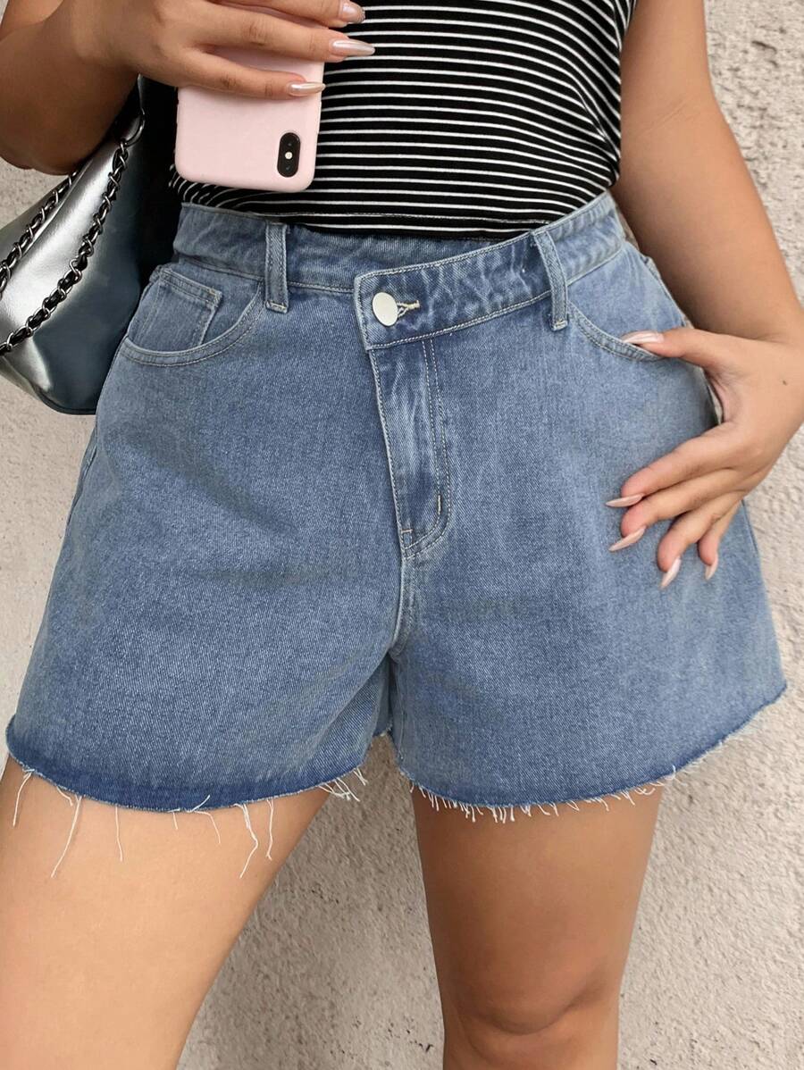 Dazy Plus Faded Blue Washed Denim Straight Leg Shorts With Slanted Placket, Summer Jorts - Light Wash - View 1