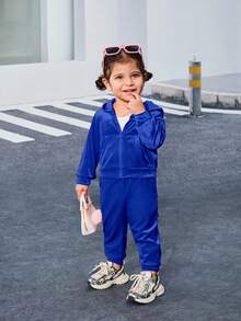 SHEIN 时尚可爱丝绒长袖连帽外套和松紧腰裤两件套女婴运动服休闲套装，蓝色丝绒运动服秋冬款 - 藏蓝色 - 查看 8