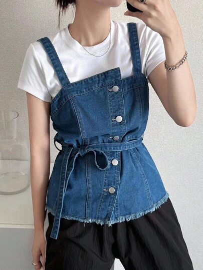 FRIFUL 女式纯色腰带装饰休闲牛仔吊带短款上衣