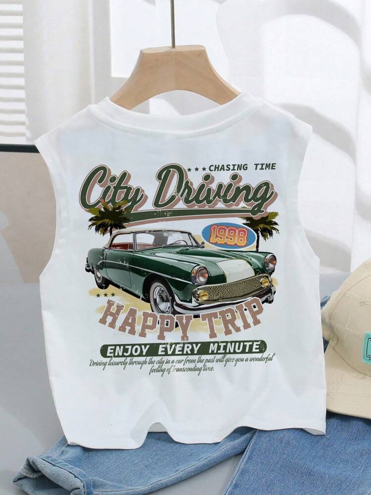SHEIN Camiseta sin mangas casual y minimalista con estampado de letras y autos vintage, adecuada para niños pequeños en verano - Blanco - Añade 2