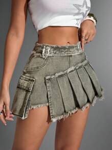 SHEIN ICON 女士夏季时尚不对称下摆牛仔迷你裙 - 軍綠色 - 查看 1