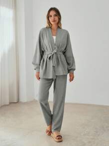 SHEIN Cottnline Cotton Drop Shoulder Belted Coat & Pants - Light Grey - View 7