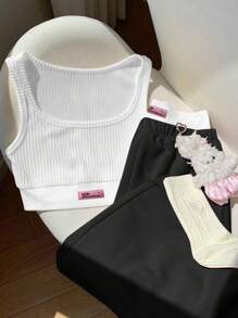 Comfortcana 女士休闲长裤和针织面料罗纹圆领吊带背心套装 Y2k 上衣女士休闲黑白套装女士罗纹背心和裤子套装 - 黑與白 - 查看 3