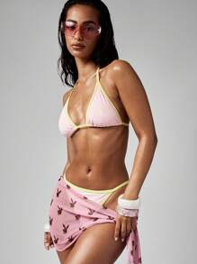 Missguided x Playboy 兔子印花沙滩纱笼裹裙夏季罩衫网眼透明面料度假村泳池沙滩裙泳衣罩泳装配件迷你长度 - 粉色 - 查看 4