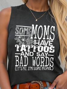 EMERY ROSE Plus Size Crew Neck Sleeveless Letter Print Simple Casual Top, For Summer - Dark Grey - View 3