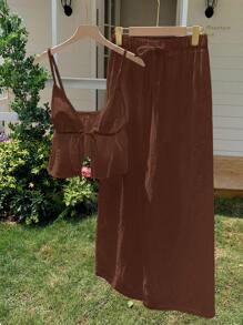 Comfortcana 2件套女士夏季棕色棉麻吊带背心和裤子套装 - 棕色 - 查看 8